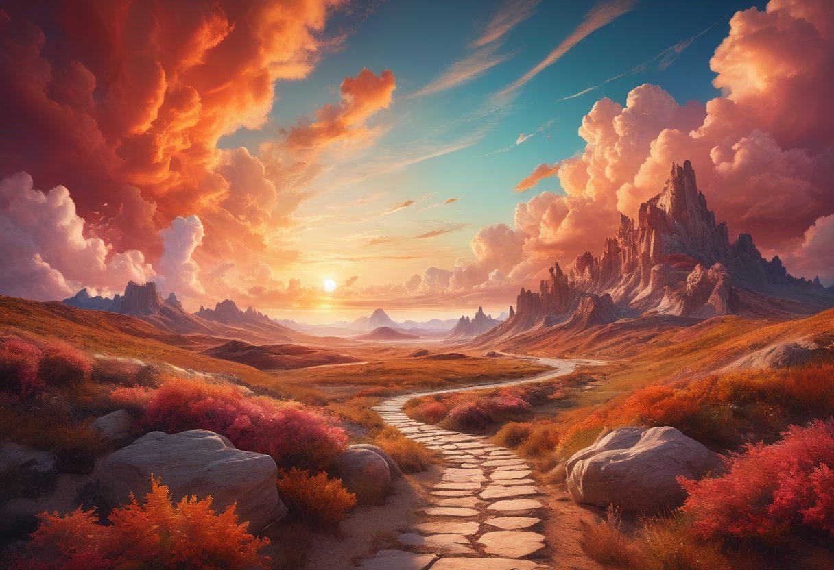 A whimsical landscape featuring diverse terrains symbolizing various adult fantasies, with soft, inviting colors and playful elements like fantasy creatures and dreamlike clouds. Incorporate pathways leading towards vibrant destinations, each representing different pleasurable experiences. A sunset sky casts a warm glow, enhancing a sense of exploration and intrigue. surrealism. vibrant colors. soft focus.